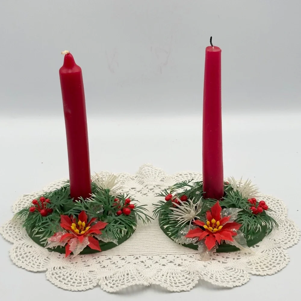 Vintage Christmas Poinsettia Candle Rings‎ Set of 2 Red Green Holiday Decor